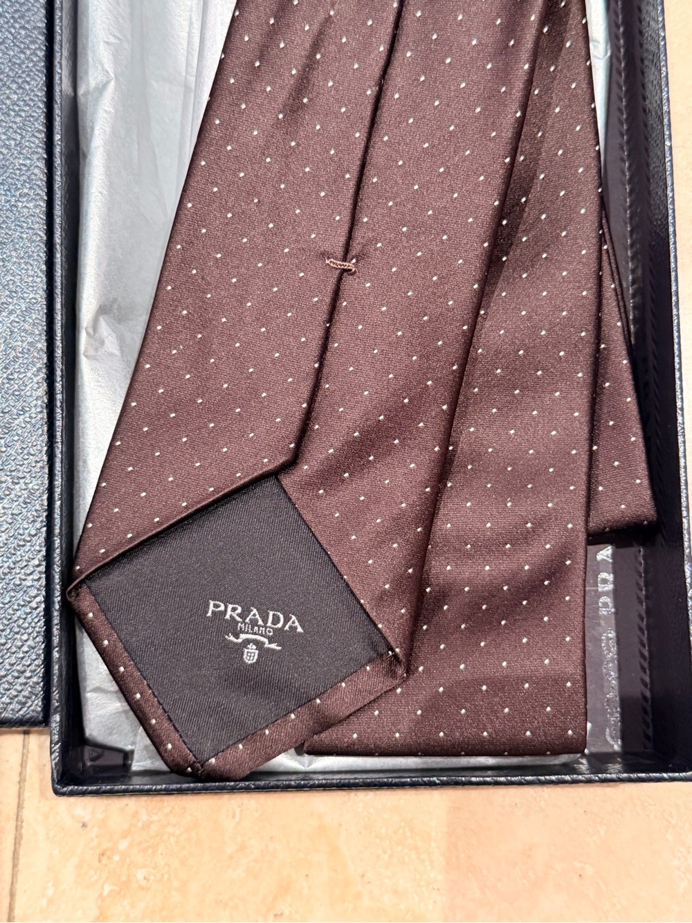 Prada Dark Brown Silk Tie with Microdots NWT and Box - Picture 2 of 5